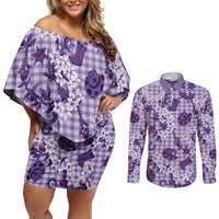 Mokihana Maile Ilima Leis Paniolo Palaka Couples Matching Off Shoulder Short Dress and Long Sleeve Button Shirt Hawaiian Poni Spirit - Polynesian Pride