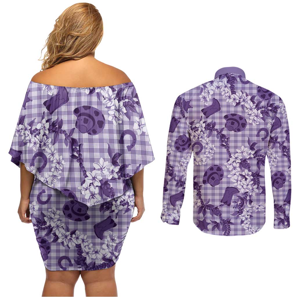 Mokihana Maile Ilima Leis Paniolo Palaka Couples Matching Off Shoulder Short Dress and Long Sleeve Button Shirt Hawaiian Poni Spirit - Polynesian Pride