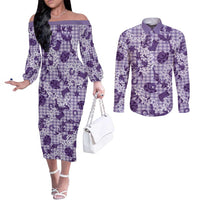Mokihana Maile Ilima Leis Paniolo Palaka Couples Matching Off The Shoulder Long Sleeve Dress and Long Sleeve Button Shirt Hawaiian Poni Spirit - Polynesian Pride