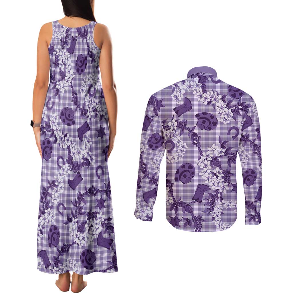 Mokihana Maile Ilima Leis Paniolo Palaka Couples Matching Tank Maxi Dress and Long Sleeve Button Shirt Hawaiian Poni Spirit - Polynesian Pride