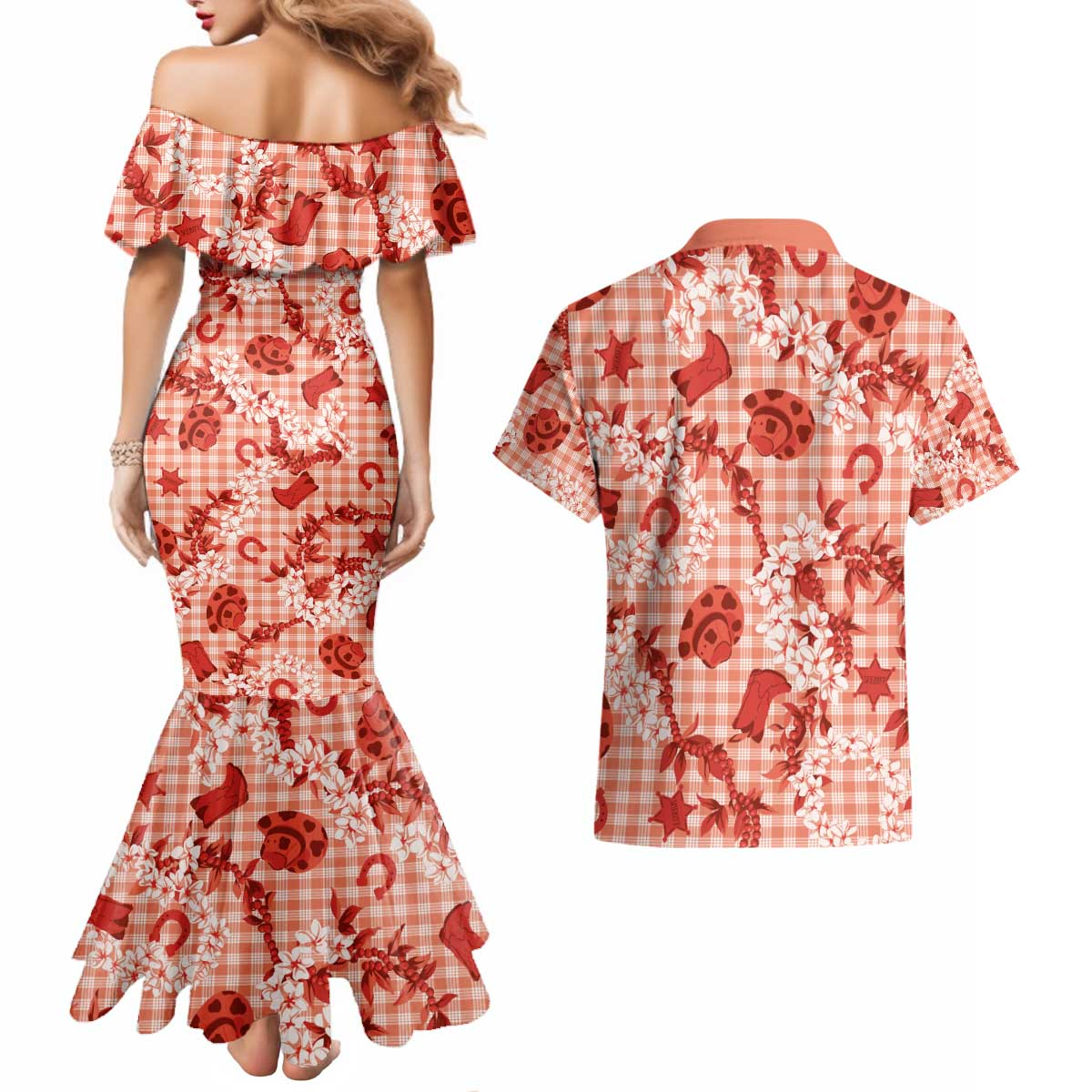 Mokihana Maile Ilima Leis Paniolo Palaka Couples Matching Mermaid Dress and Hawaiian Shirt Hawaiian Ulaula Spirit - Polynesian Pride