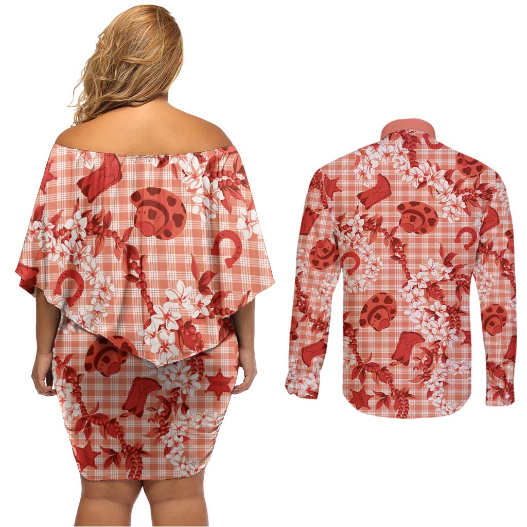 Mokihana Maile Ilima Leis Paniolo Palaka Couples Matching Off Shoulder Short Dress and Long Sleeve Button Shirt Hawaiian Ulaula Spirit - Polynesian Pride