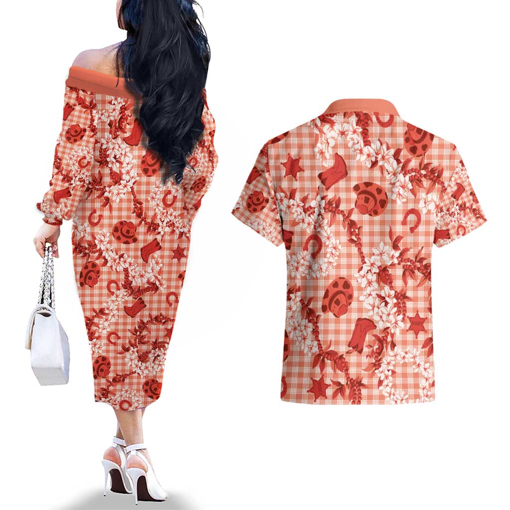 Mokihana Maile Ilima Leis Paniolo Palaka Couples Matching Off The Shoulder Long Sleeve Dress and Hawaiian Shirt Hawaiian Ulaula Spirit - Polynesian Pride