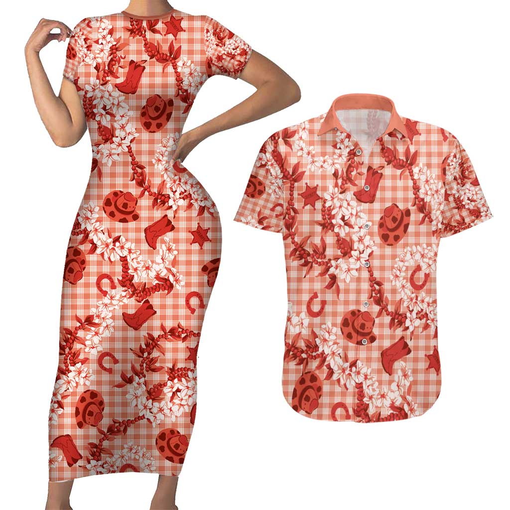 Mokihana Maile Ilima Leis Paniolo Palaka Couples Matching Short Sleeve Bodycon Dress and Hawaiian Shirt Hawaiian Ulaula Spirit - Polynesian Pride