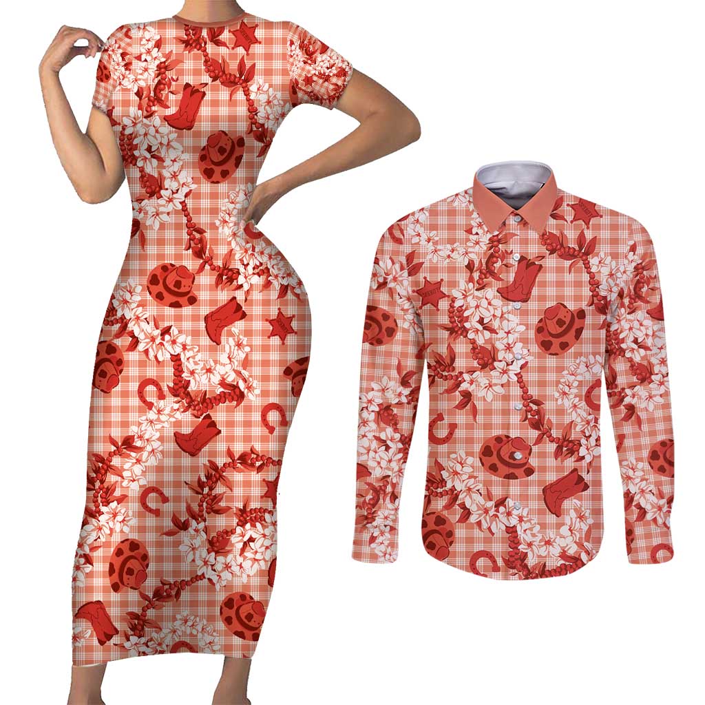Mokihana Maile Ilima Leis Paniolo Palaka Couples Matching Short Sleeve Bodycon Dress and Long Sleeve Button Shirt Hawaiian Ulaula Spirit - Polynesian Pride