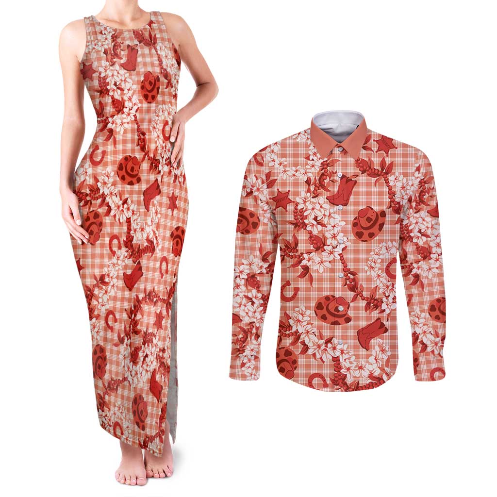 Mokihana Maile Ilima Leis Paniolo Palaka Couples Matching Tank Maxi Dress and Long Sleeve Button Shirt Hawaiian Ulaula Spirit - Polynesian Pride