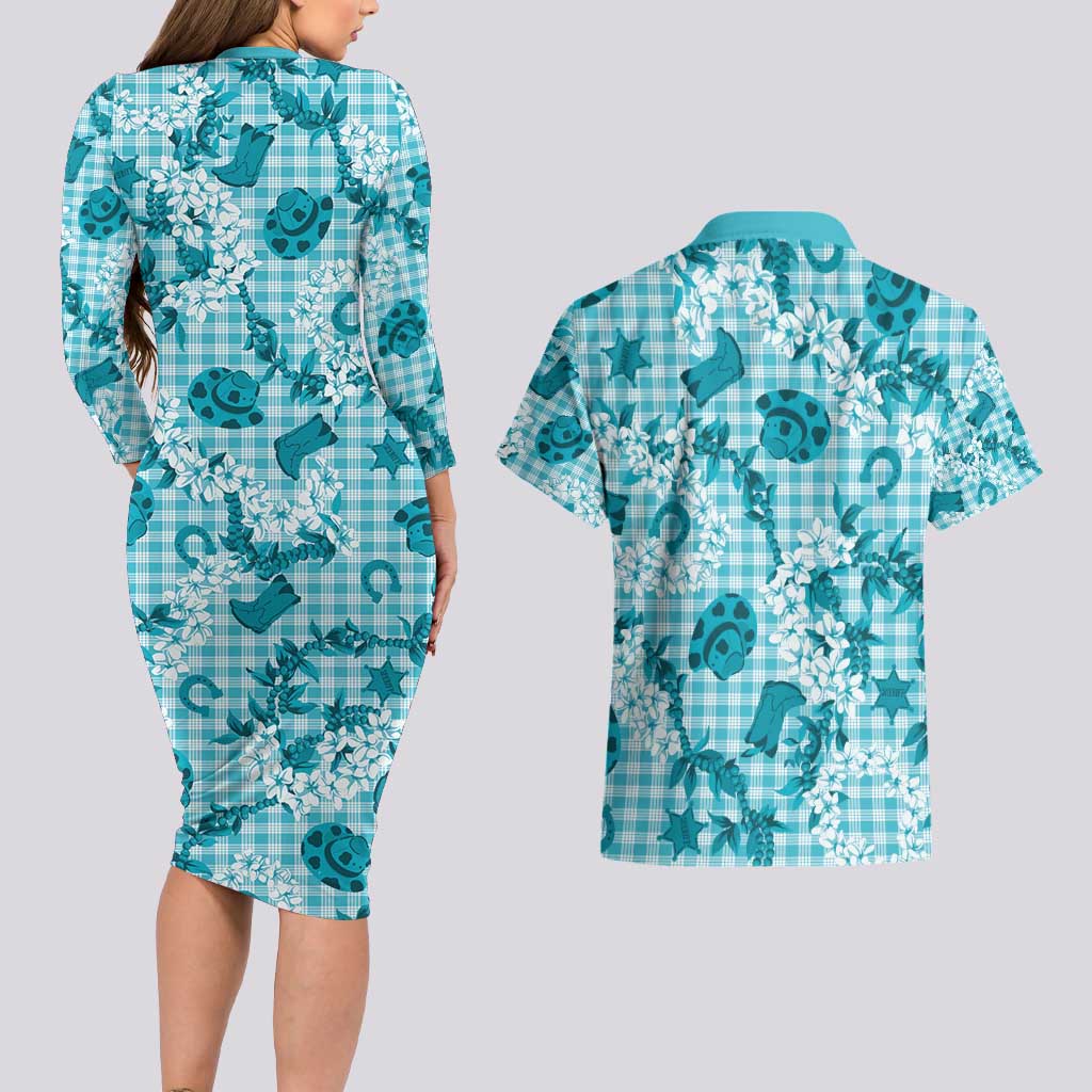 Mokihana Maile Ilima Leis Paniolo Palaka Couples Matching Long Sleeve Bodycon Dress and Hawaiian Shirt Hawaiian Polu Opa Spirit - Polynesian Pride