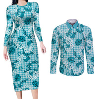 Mokihana Maile Ilima Leis Paniolo Palaka Couples Matching Long Sleeve Bodycon Dress and Long Sleeve Button Shirt Hawaiian Polu Opa Spirit - Polynesian Pride