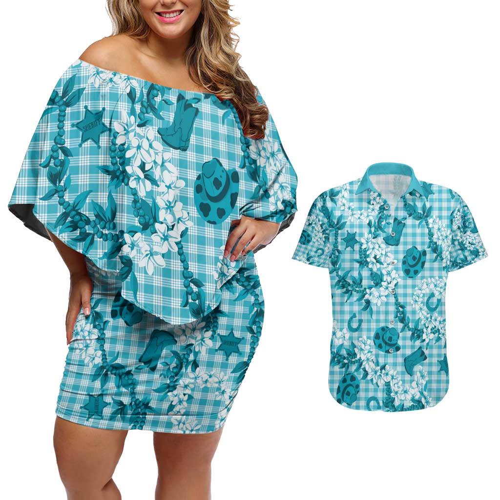 Mokihana Maile Ilima Leis Paniolo Palaka Couples Matching Off Shoulder Short Dress and Hawaiian Shirt Hawaiian Polu Opa Spirit - Polynesian Pride
