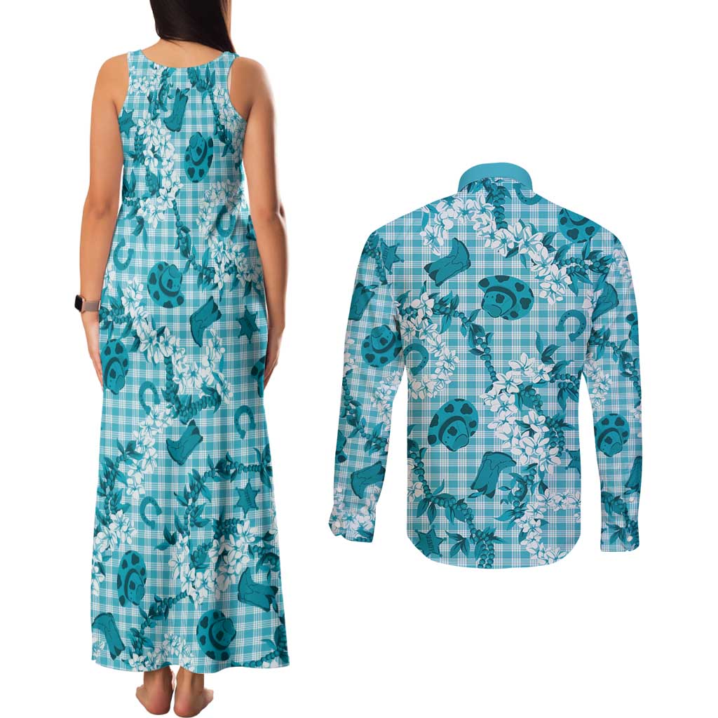 Mokihana Maile Ilima Leis Paniolo Palaka Couples Matching Tank Maxi Dress and Long Sleeve Button Shirt Hawaiian Polu Opa Spirit - Polynesian Pride