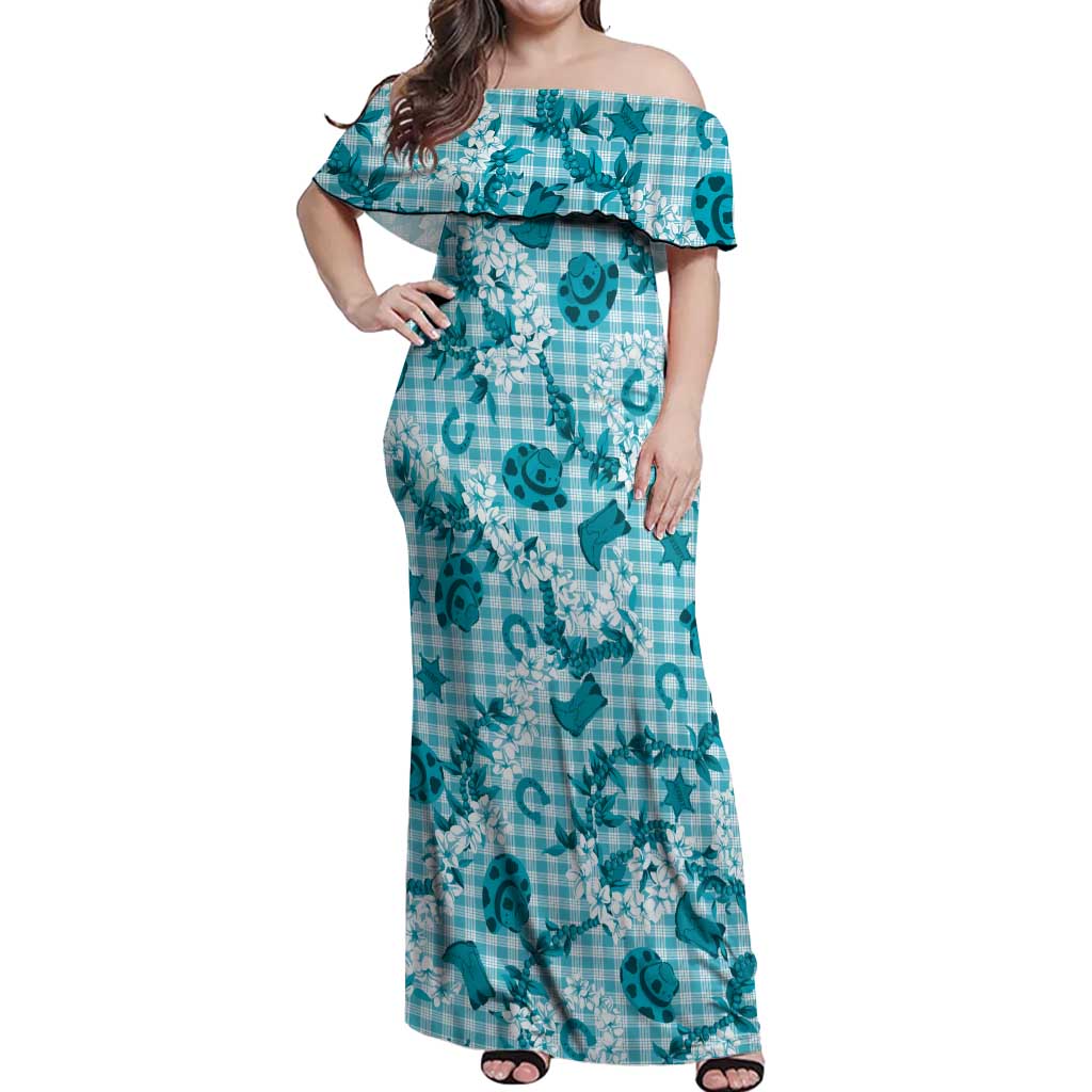 Mokihana Maile Ilima Leis Paniolo Palaka Off Shoulder Maxi Dress Hawaiian Polu Opa Spirit - Polynesian Pride