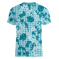 Mokihana Maile Ilima Leis Paniolo Palaka Women V-Neck T-Shirt Hawaiian Polu Opa Spirit - Polynesian Pride