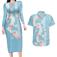 Blue Hawaii Anthurium Plumeria Lei Couples Matching Long Sleeve Bodycon Dress and Hawaiian Shirt