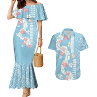 Blue Hawaii Anthurium Plumeria Lei Couples Matching Mermaid Dress and Hawaiian Shirt