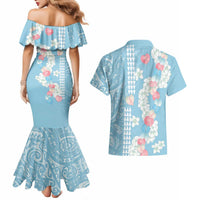 Blue Hawaii Anthurium Plumeria Lei Couples Matching Mermaid Dress and Hawaiian Shirt