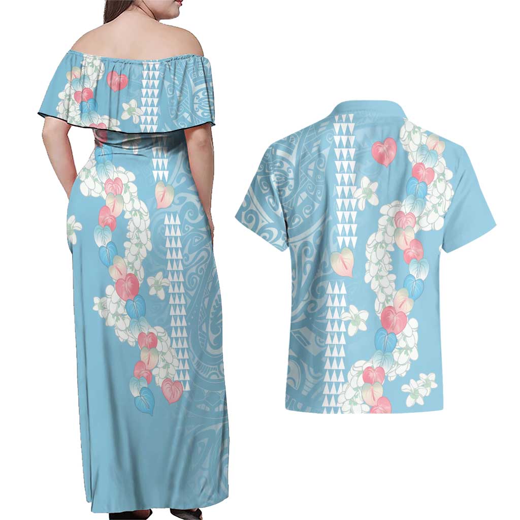 Blue Hawaii Anthurium Plumeria Lei Couples Matching Off Shoulder Maxi Dress and Hawaiian Shirt