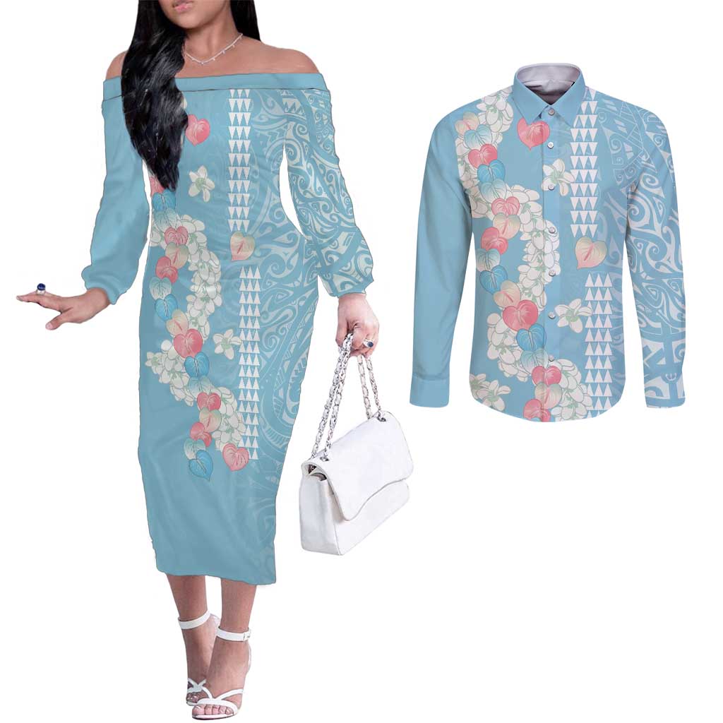 Blue Hawaii Anthurium Plumeria Lei Couples Matching Off The Shoulder Long Sleeve Dress and Long Sleeve Button Shirt