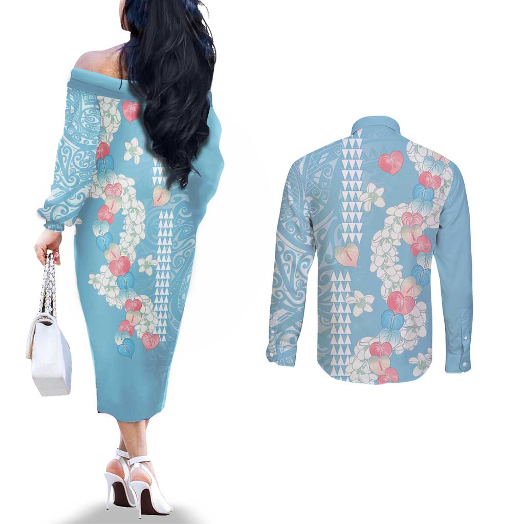 Blue Hawaii Anthurium Plumeria Lei Couples Matching Off The Shoulder Long Sleeve Dress and Long Sleeve Button Shirt