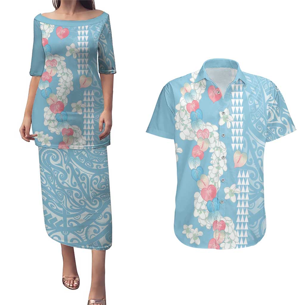 Blue Hawaii Anthurium Plumeria Lei Couples Matching Puletasi and Hawaiian Shirt
