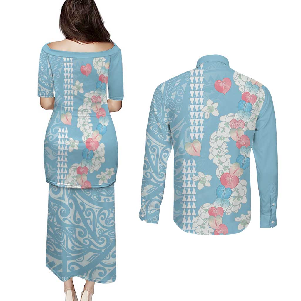 Blue Hawaii Anthurium Plumeria Lei Couples Matching Puletasi and Long Sleeve Button Shirt