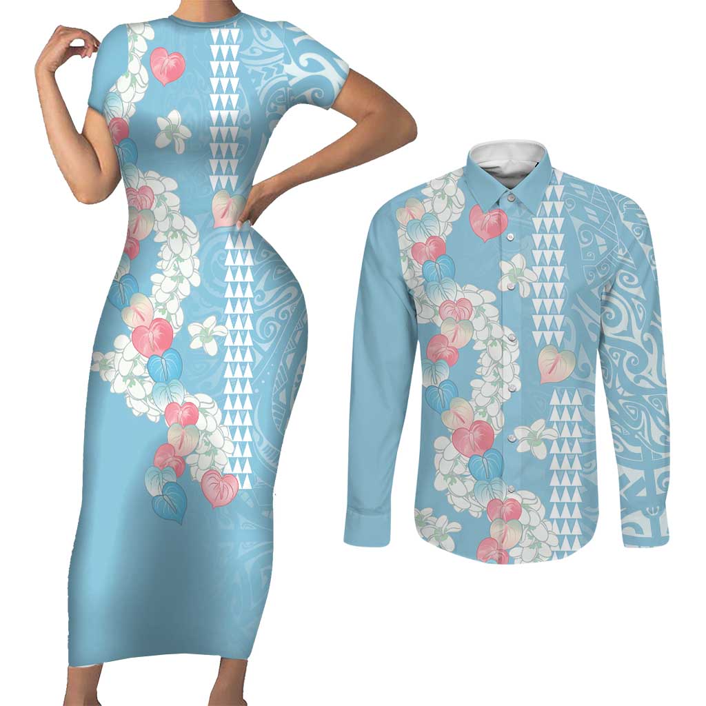Blue Hawaii Anthurium Plumeria Lei Couples Matching Short Sleeve Bodycon Dress and Long Sleeve Button Shirt