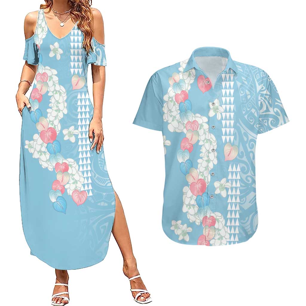 Blue Hawaii Anthurium Plumeria Lei Couples Matching Summer Maxi Dress and Hawaiian Shirt