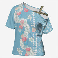 Blue Hawaii Anthurium Plumeria Lei Cross Shoulder Shirt