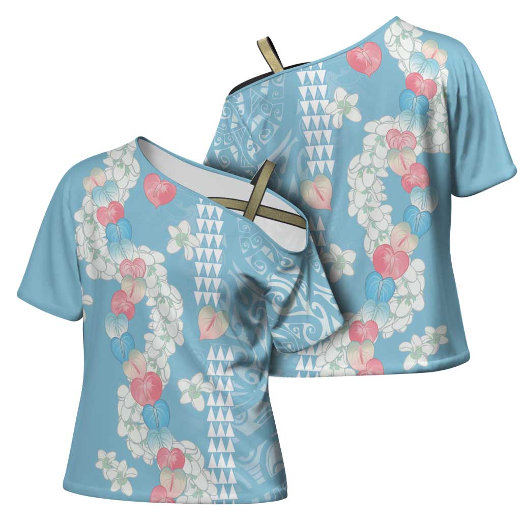Blue Hawaii Anthurium Plumeria Lei Cross Shoulder Shirt