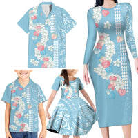 Blue Hawaii Anthurium Plumeria Lei Family Matching Long Sleeve Bodycon Dress and Hawaiian Shirt