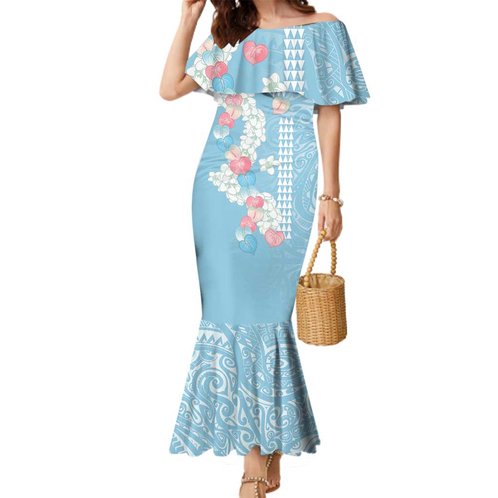 Blue Hawaii Anthurium Plumeria Lei Family Matching Mermaid Dress and Hawaiian Shirt