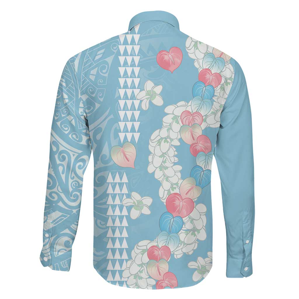Blue Hawaii Anthurium Plumeria Lei Family Matching Off The Shoulder Long Sleeve Dress and Hawaiian Shirt