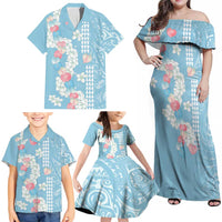 Blue Hawaii Anthurium Plumeria Lei Family Matching Off Shoulder Maxi Dress and Hawaiian Shirt