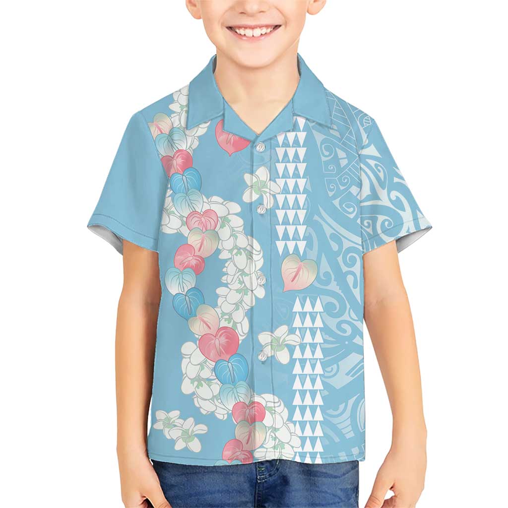 Blue Hawaii Anthurium Plumeria Lei Family Matching Off Shoulder Maxi Dress and Hawaiian Shirt