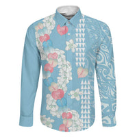 Blue Hawaii Anthurium Plumeria Lei Family Matching Off Shoulder Short Dress and Hawaiian Shirt