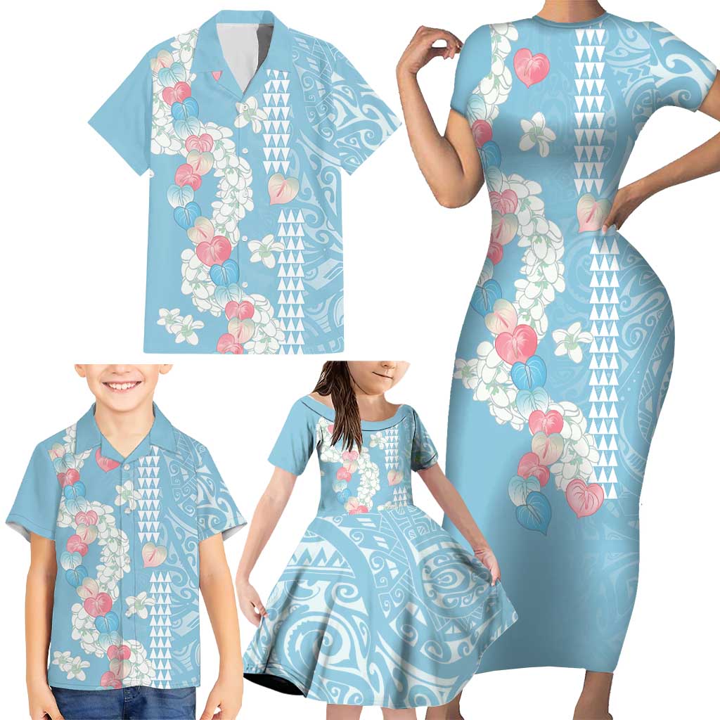 Blue Hawaii Anthurium Plumeria Lei Family Matching Short Sleeve Bodycon Dress and Hawaiian Shirt