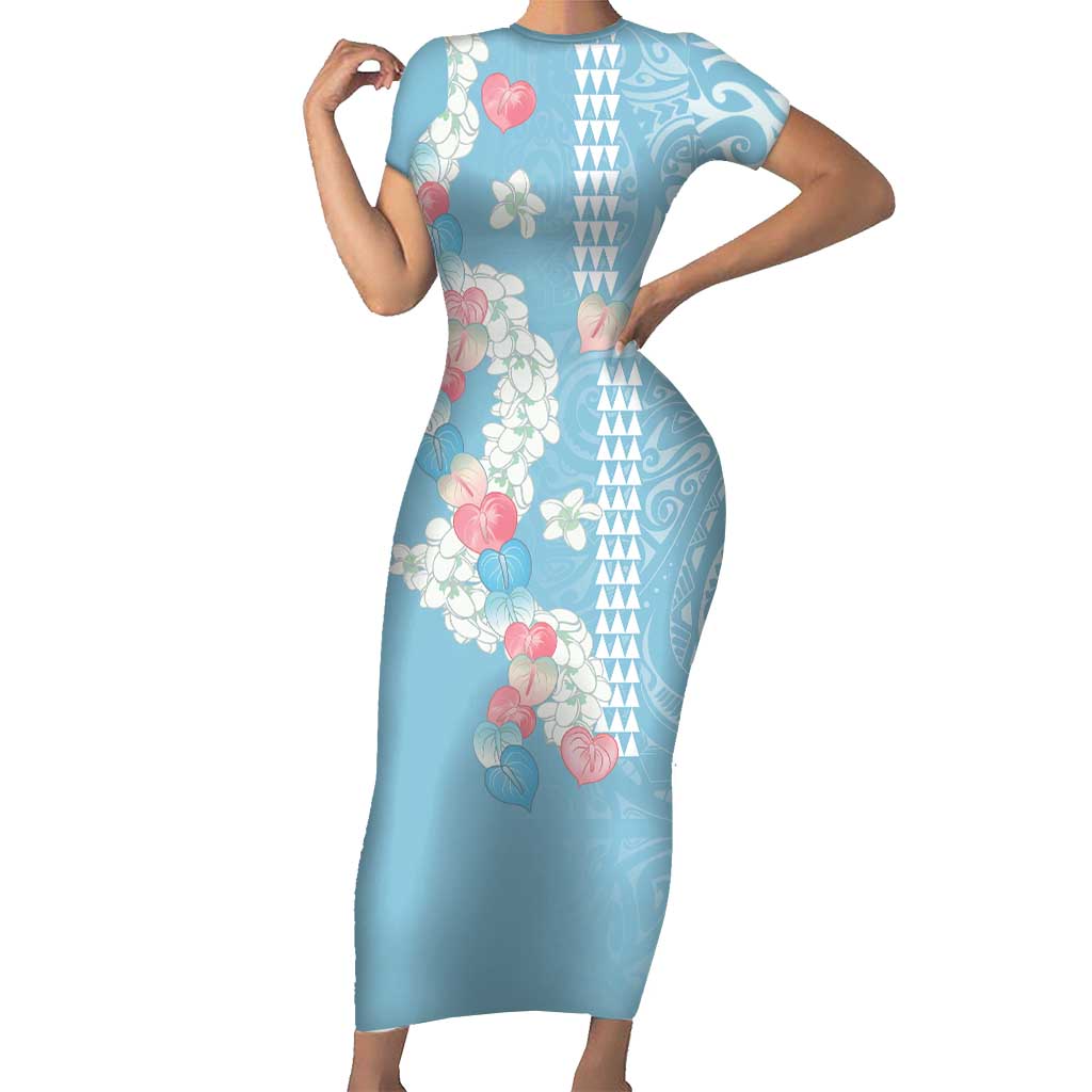 Blue Hawaii Anthurium Plumeria Lei Family Matching Short Sleeve Bodycon Dress and Hawaiian Shirt