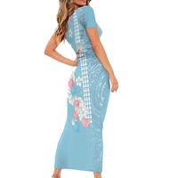 Blue Hawaii Anthurium Plumeria Lei Family Matching Short Sleeve Bodycon Dress and Hawaiian Shirt