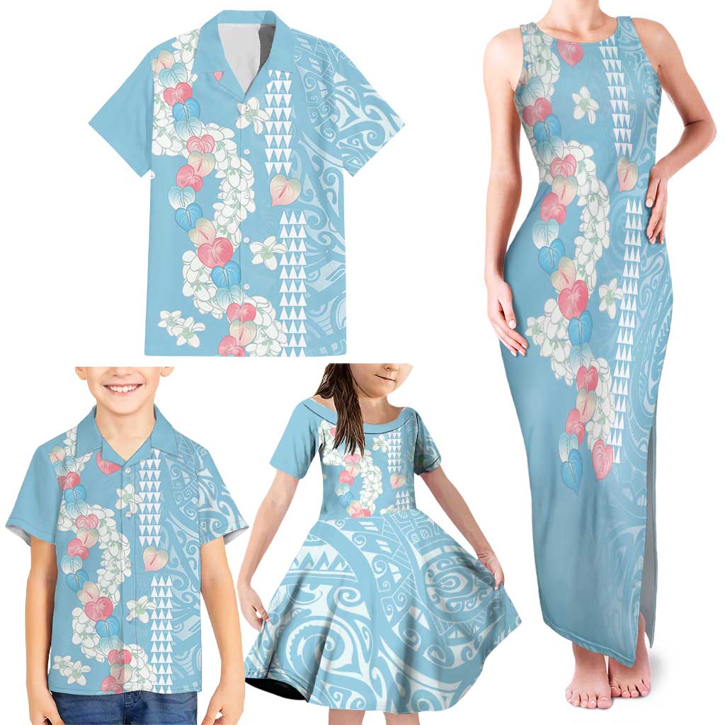Blue Hawaii Anthurium Plumeria Lei Family Matching Tank Maxi Dress and Hawaiian Shirt