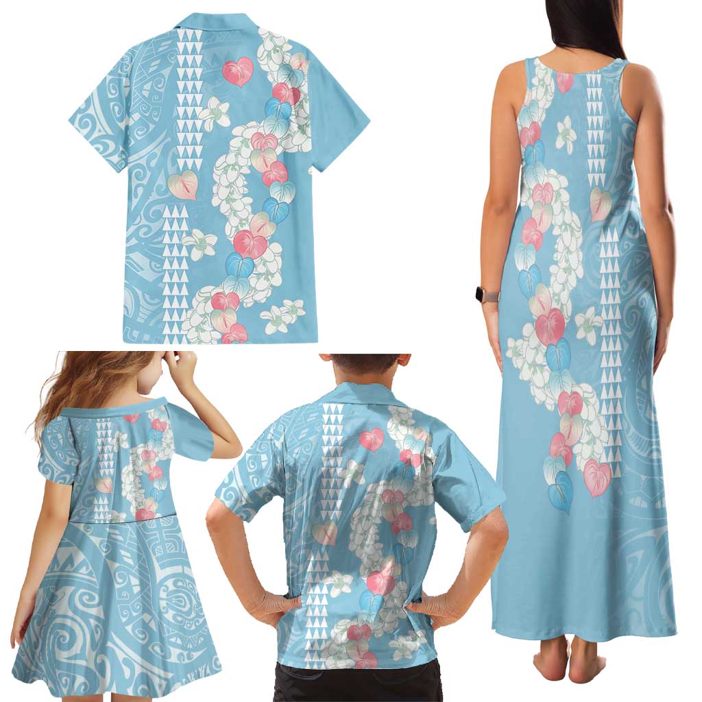 Blue Hawaii Anthurium Plumeria Lei Family Matching Tank Maxi Dress and Hawaiian Shirt