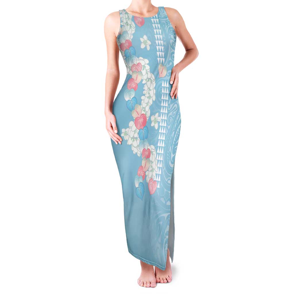 Blue Hawaii Anthurium Plumeria Lei Family Matching Tank Maxi Dress and Hawaiian Shirt