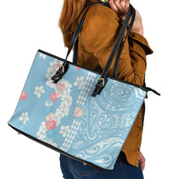 Blue Hawaii Anthurium Plumeria Lei Leather Tote Bag
