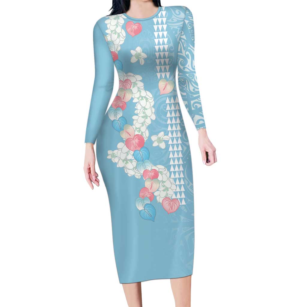 Blue Hawaii Anthurium Plumeria Lei Long Sleeve Bodycon Dress LT9 Long Dress Blue - Polynesian Pride