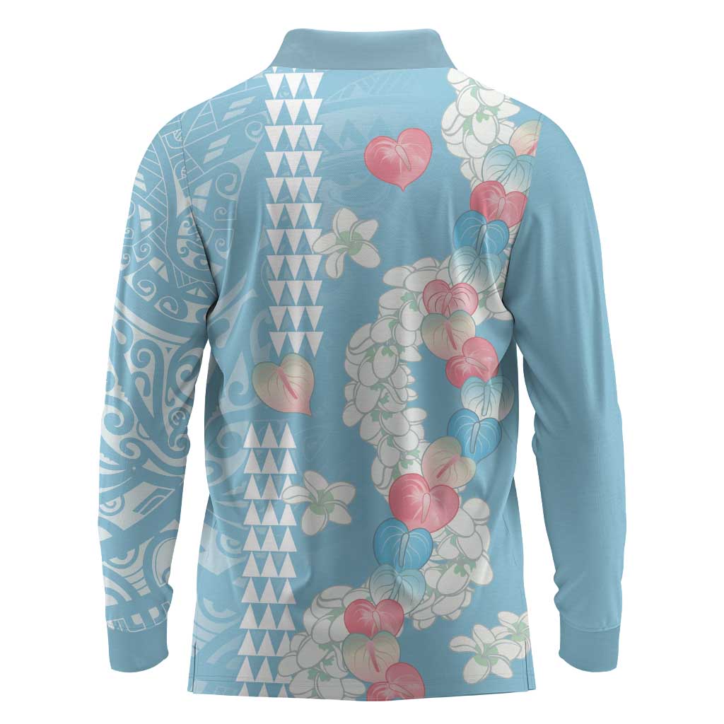 Blue Hawaii Anthurium Plumeria Lei Long Sleeve Polo Shirt