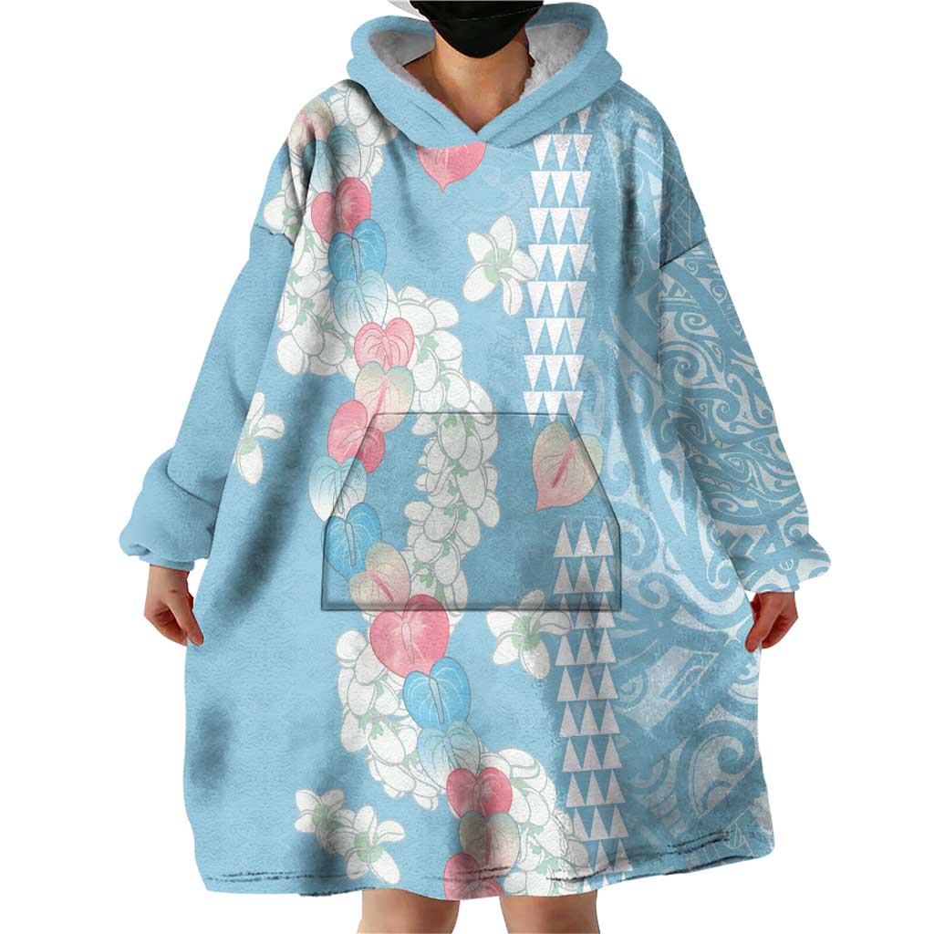 Blue Hawaii Anthurium Plumeria Lei Wearable Blanket Hoodie