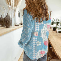 Blue Hawaii Anthurium Plumeria Lei Women Casual Shirt LT9 - Polynesian Pride
