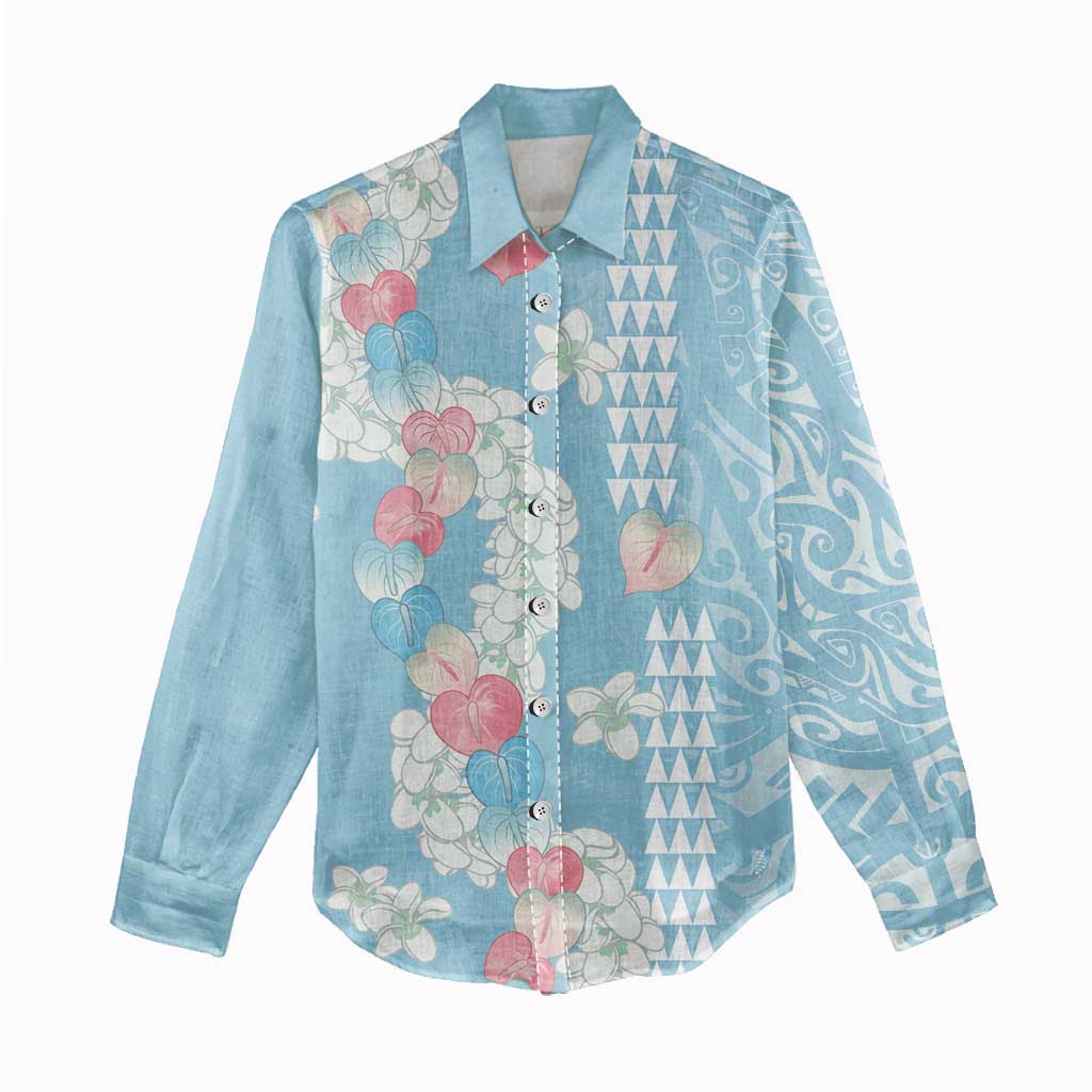 Blue Hawaii Anthurium Plumeria Lei Women Casual Shirt LT9 - Polynesian Pride