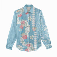 Blue Hawaii Anthurium Plumeria Lei Women Casual Shirt LT9 - Polynesian Pride