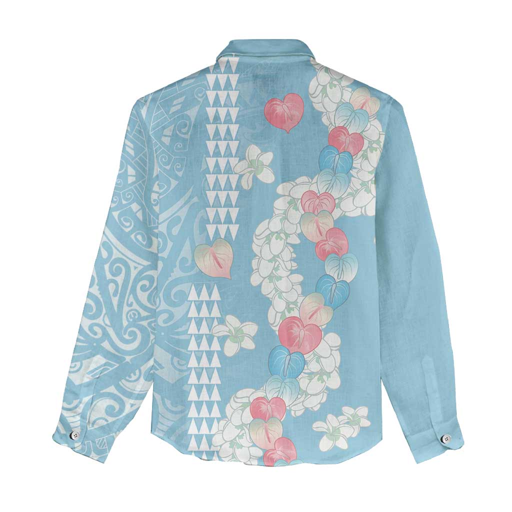 Blue Hawaii Anthurium Plumeria Lei Women Casual Shirt LT9 - Polynesian Pride