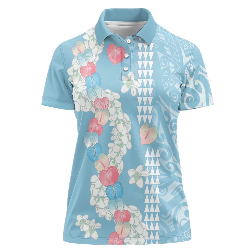 Blue Hawaii Anthurium Plumeria Lei Women Polo Shirt LT9 Female Blue - Polynesian Pride