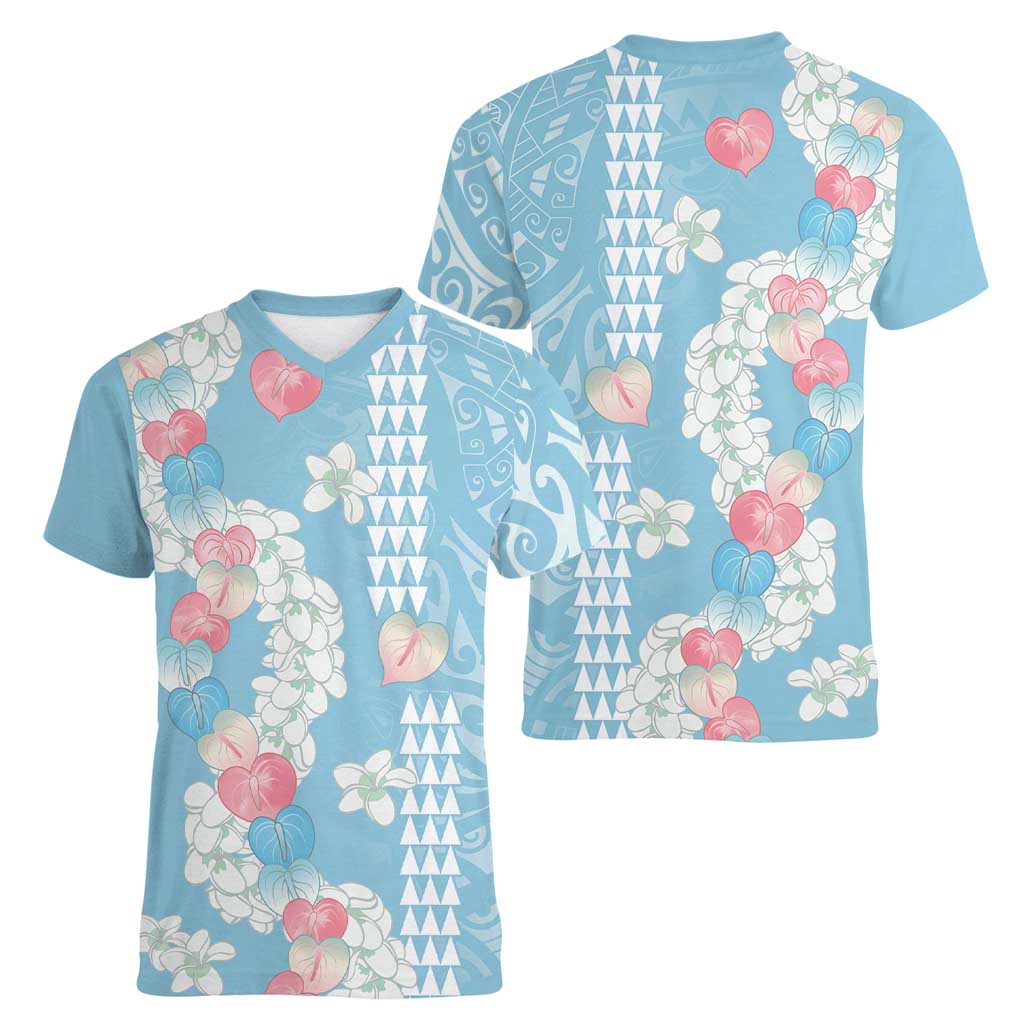 Blue Hawaii Anthurium Plumeria Lei Women V-Neck T-Shirt